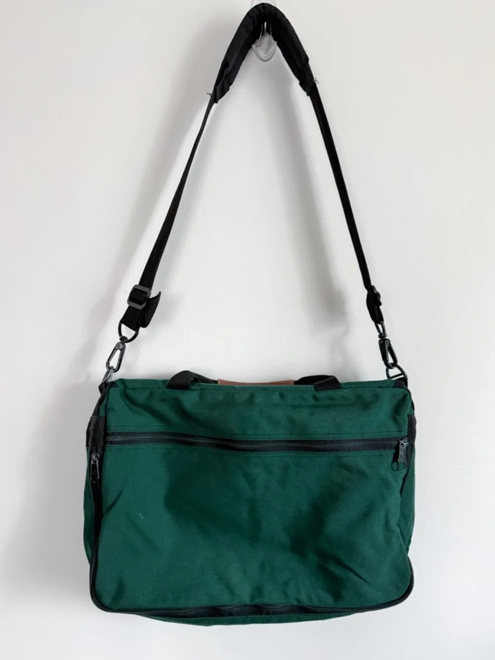 Vintage 90’s JanSport Laptop Messenger Bag, green nylon body with brown leather